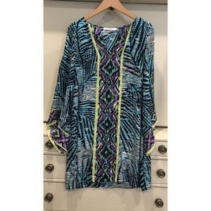 Alice & Trixie Silk Shift Dress Tunic Multicolor Tribal Green Purple Size Large